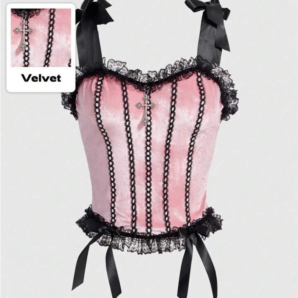 Large Goth Contrast Lace Frill Trim Velvet Cami Top Sexy Juniors Stretch Blouse